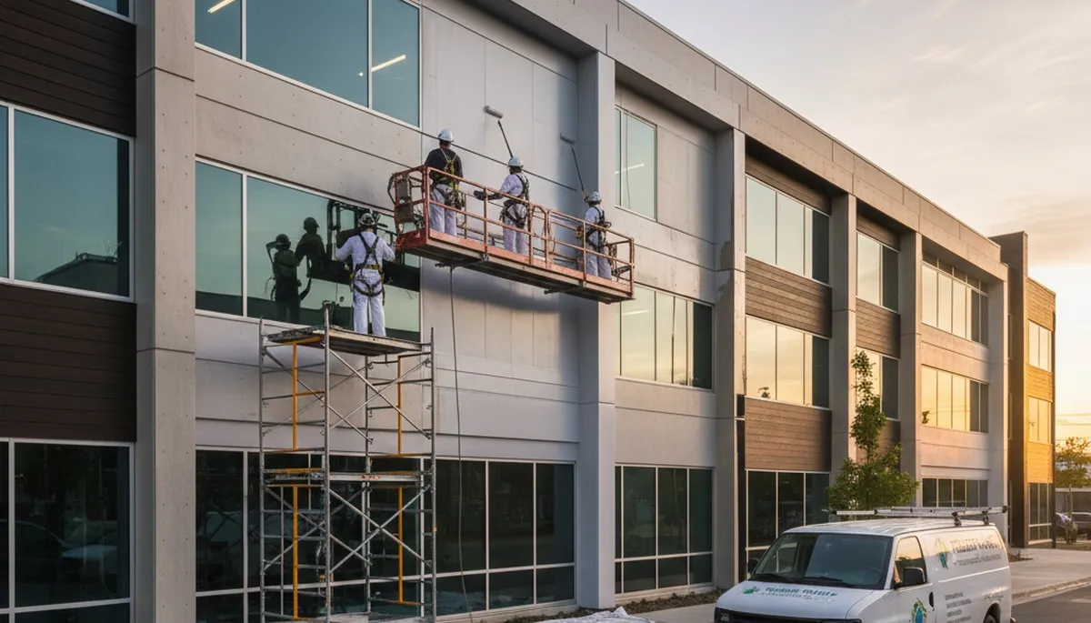 Professional commercial painters finishing office exterior in Chattanooga, TN with durable weatherproof coating